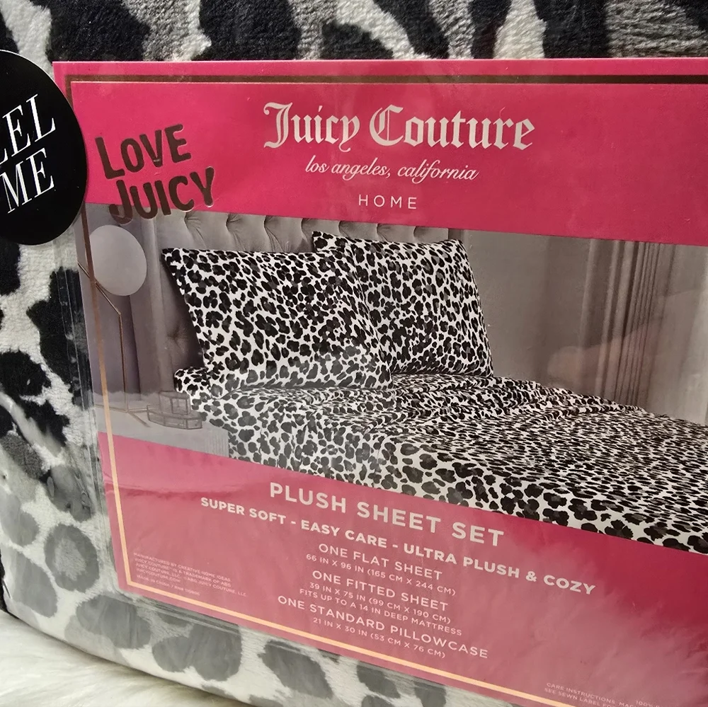 Juicy Couture 4pc Twin Plush Sheet Set Black Grey Leopard Print Super Soft&Cozy